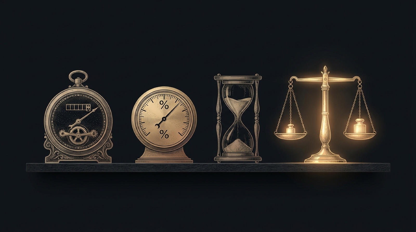 Four engraved instruments on a shelf: a toll meter, a percentage dial, an hourglass, and a balance scale that alone is glowing.