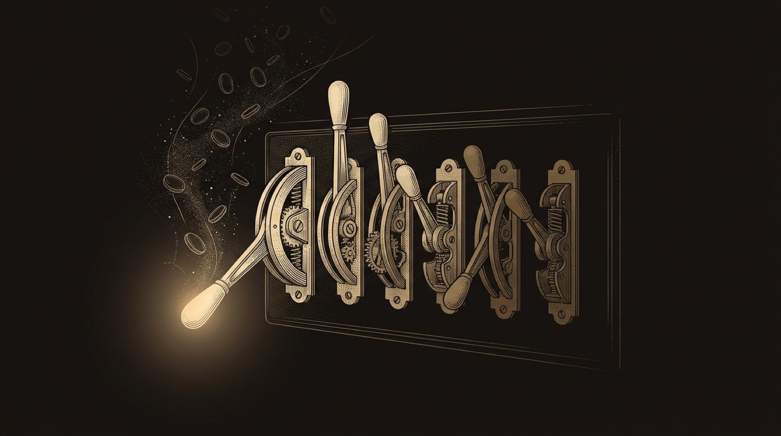 Six engraved levers of descending size on a dark panel; the largest is pulled and glowing while coins dissolve into particles above it.