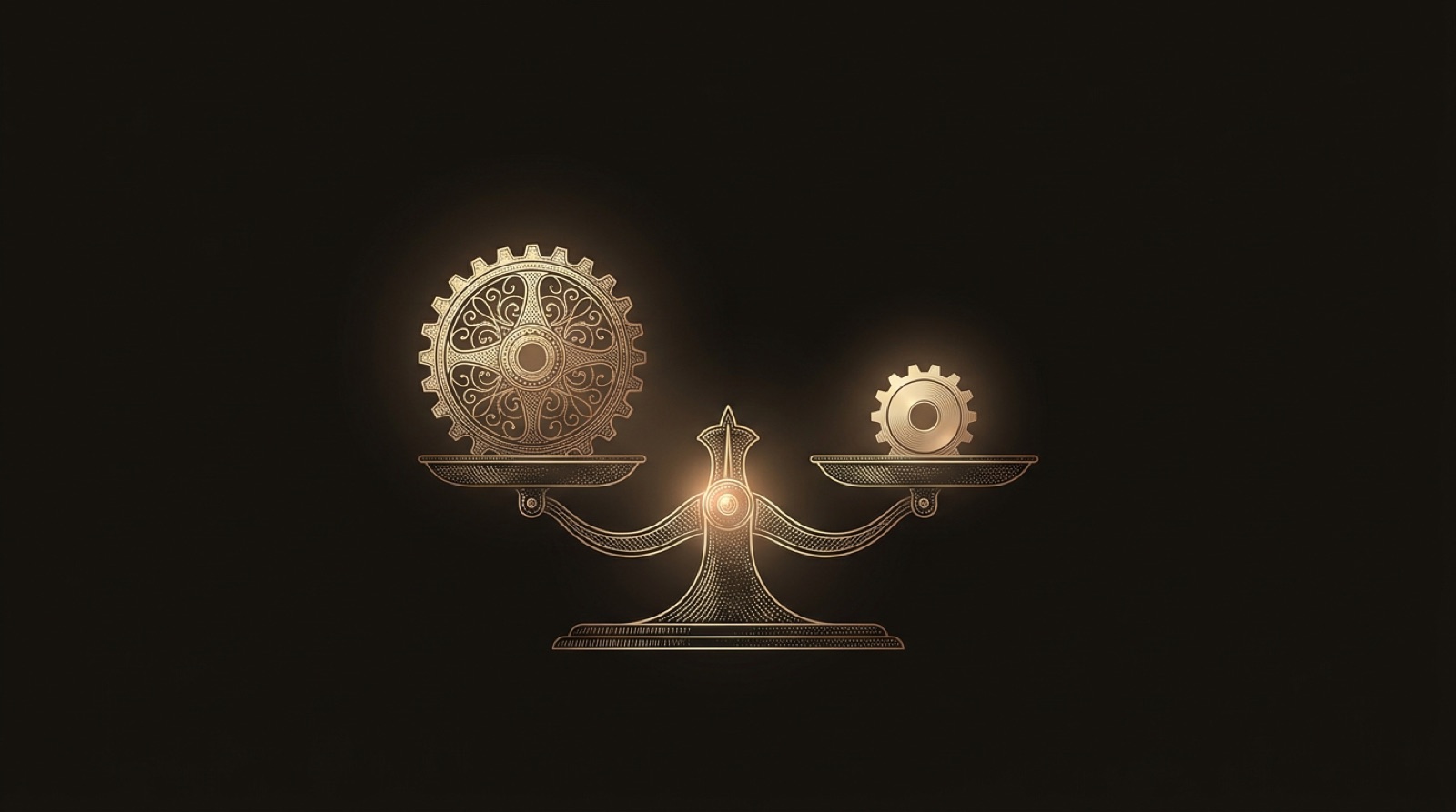 An engraved balance scale weighing a large ornate gear against a small plain gear, in equilibrium.