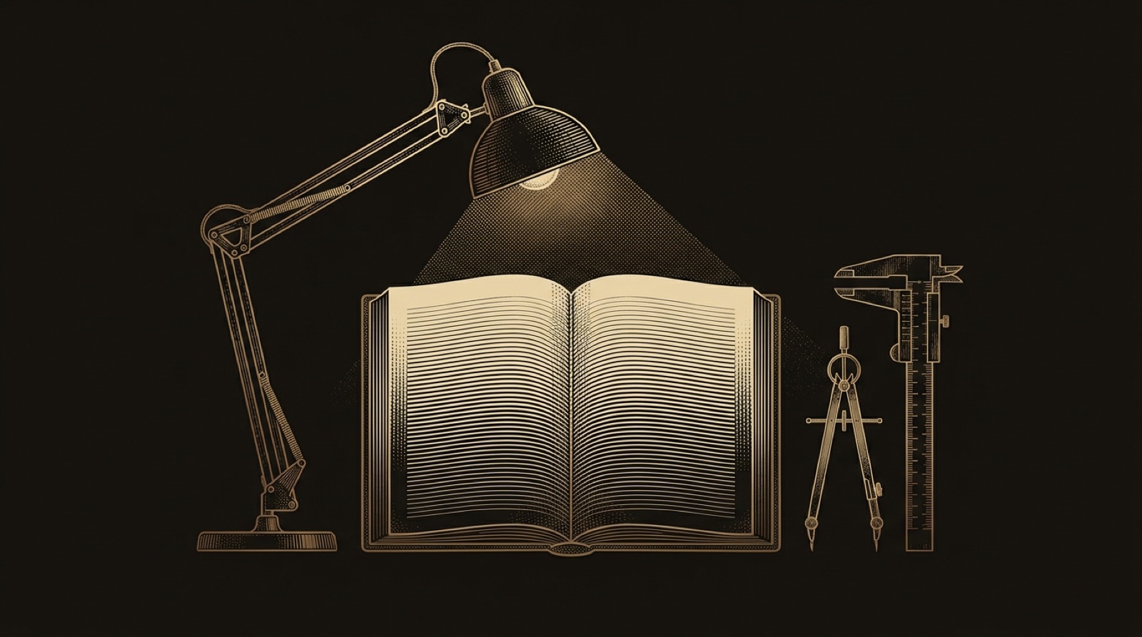 An open engraved field guide under the warm cone of a drafting lamp, fine measuring instruments beside it.