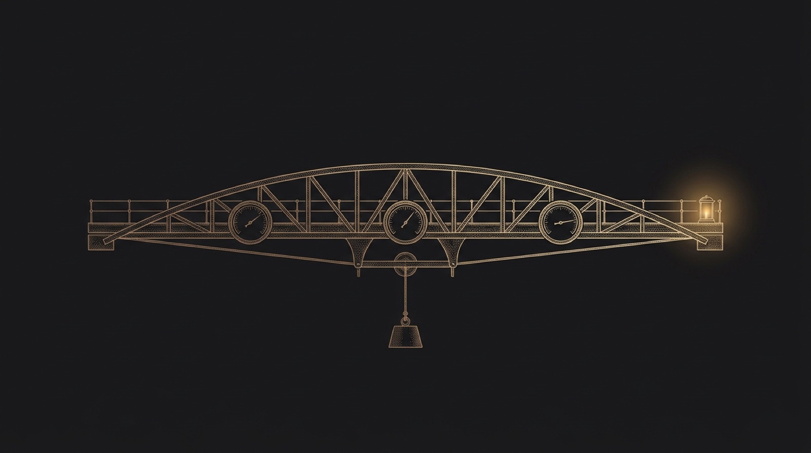 An engraved cantilever test bridge holding a suspended weight, its calibrated gauges reading steady.
