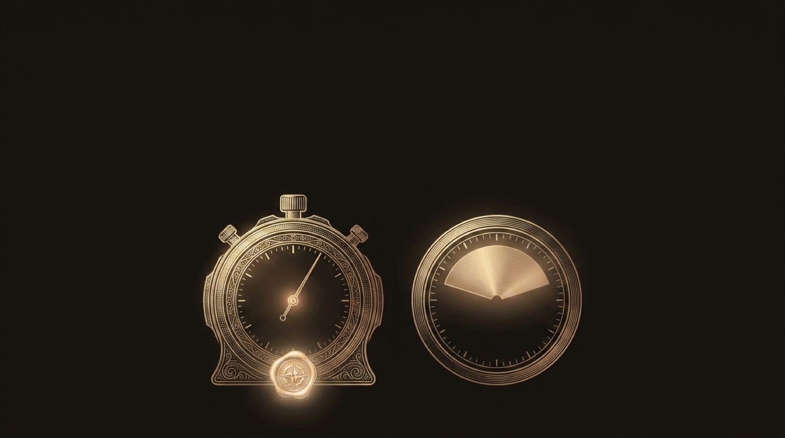 Two engraved gauges on a dark ground: an ornate chronometer with a hairline needle at an exact mark and a small wax seal at its base, beside a plainer dial whose face shows only a wide unmarked fan where a needle would be.