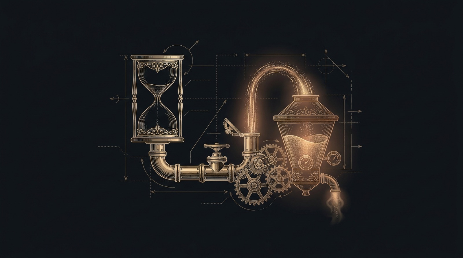 An engraved hourglass run empty, its brass valve open to a second vessel that continues to pour a luminous stream.