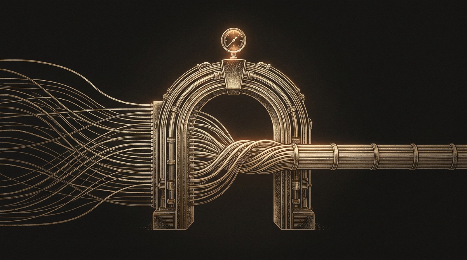 An engraved archway gathering many thin conduits into one orderly bundle, with a pressure gauge on its keystone.