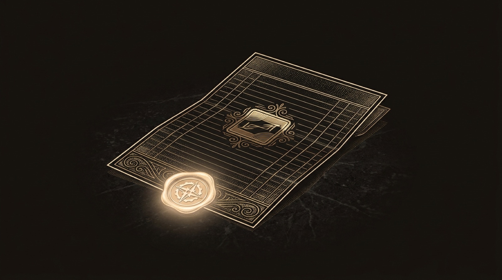 An engraved ledger slip with fine ruled lines and an embossed stamp, sealed with a glowing wax seal.