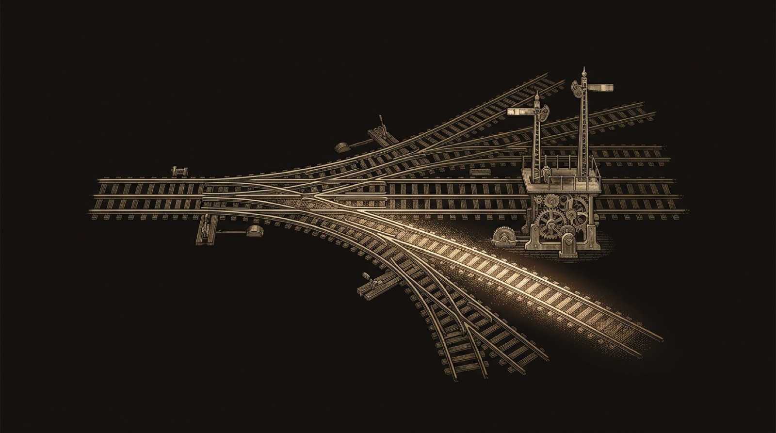 An engraved railway switchyard seen from above, tracks diverging from one line, with exactly one diverging path lit.